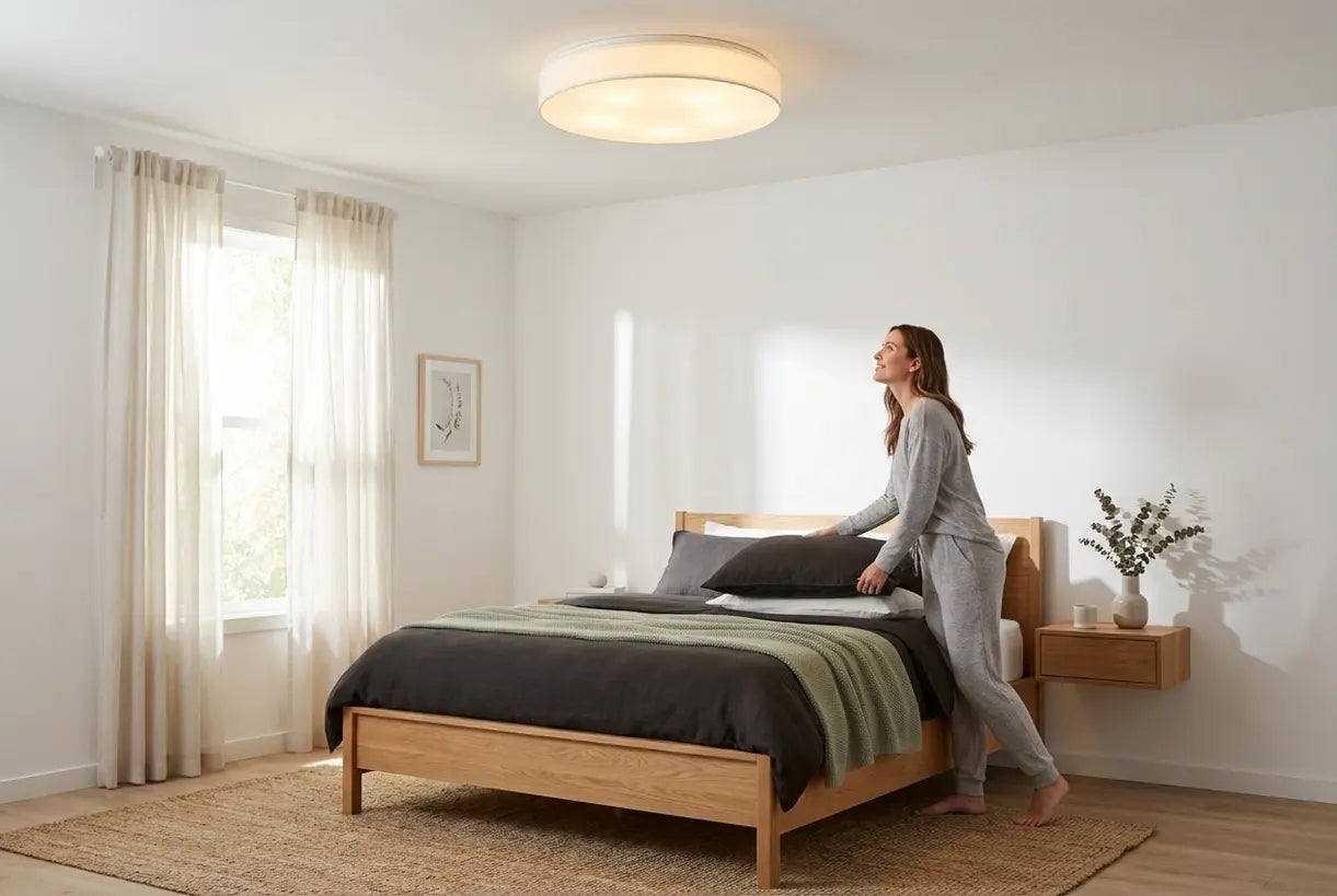 Scandinavische slaapkamer met ronde plafondlamp met opbouwmontage die warme omgevingsverlichting biedt