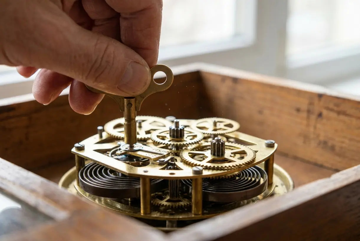 Close-up van mechanische wandklok tandwielen en opwindmechanisme met messing vakmanschap