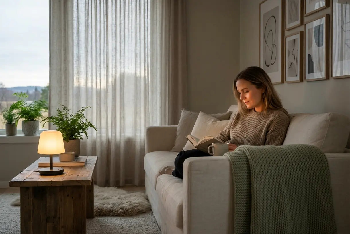 Scandinavische woonkamer met draagbare oplaadbare tafellamp op bijzettafel die warme sfeerverlichting creëert