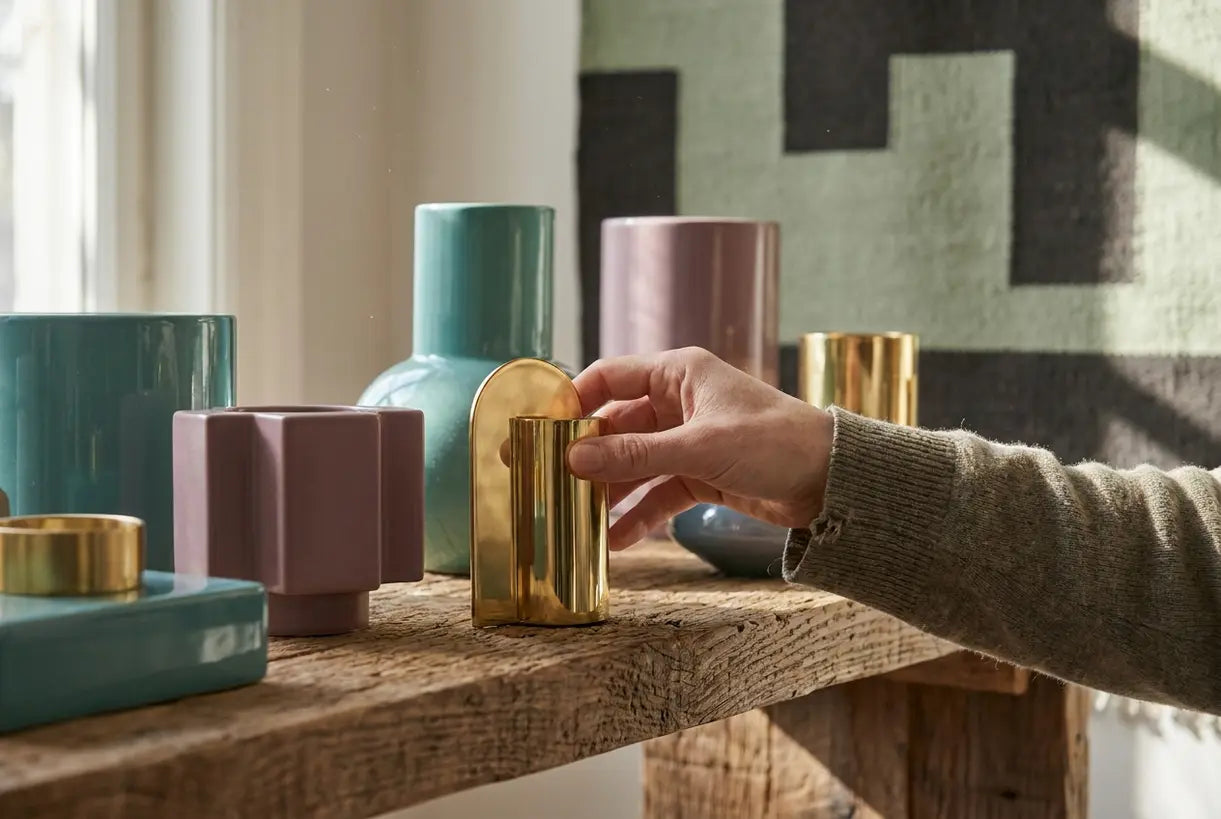 Bold geometric 80s patterns and sculptural brass decor close-up