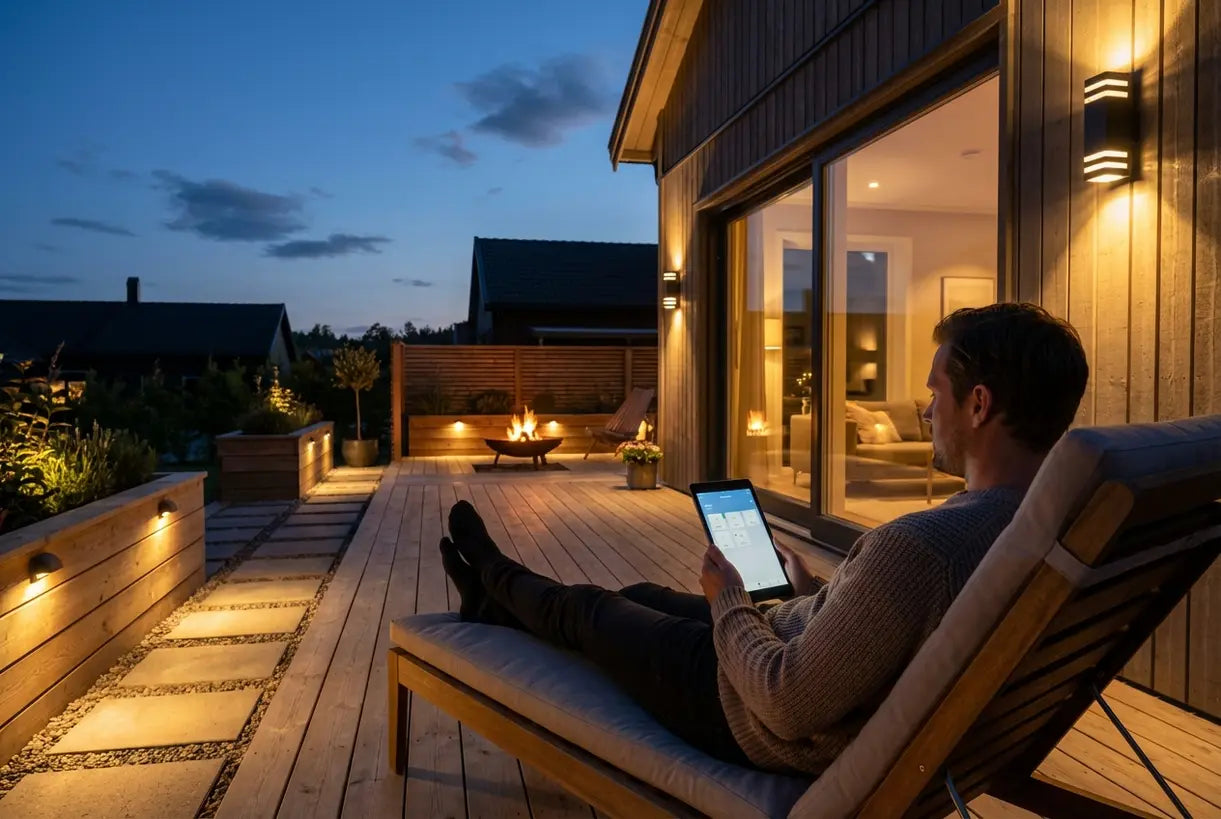 Scandinavisch terras met automatische, slimme buitenverlichting voor een warme avondsfeer