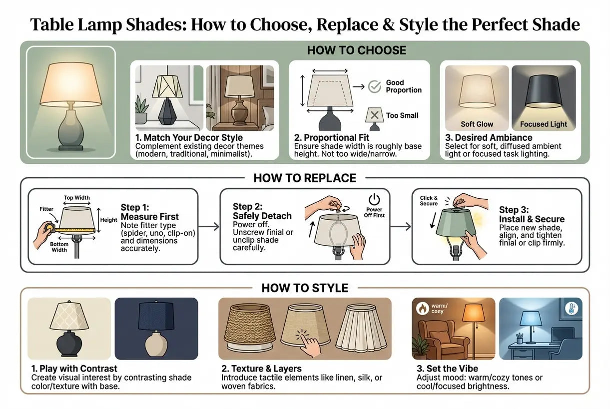 Lampenkappen voor tafellampen: zo kies, vervang en style je de perfecte kap - infographic
