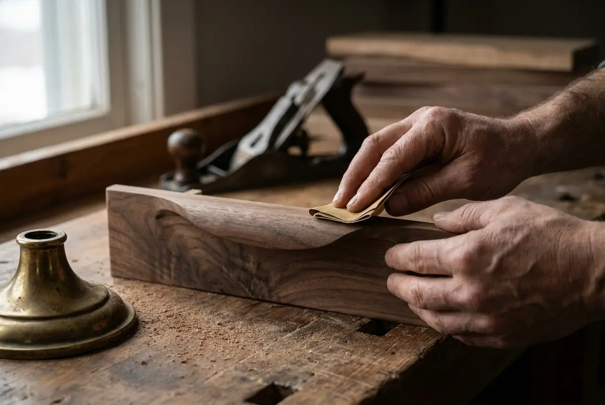 Artisan hands sanding wood and brass craftsman home decor detail with natural lighting