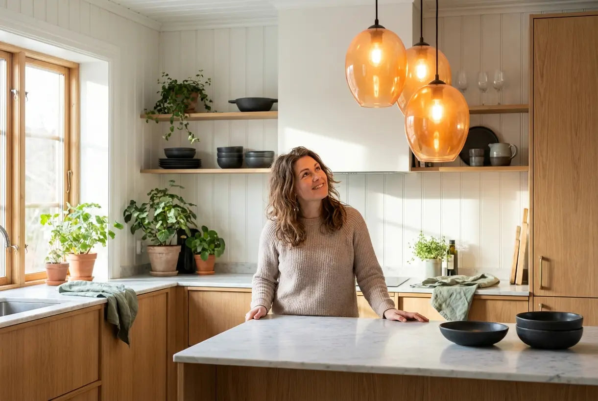 Vrouw in Scandinavische keuken met een groep oranje hanglampen boven een marmeren eiland