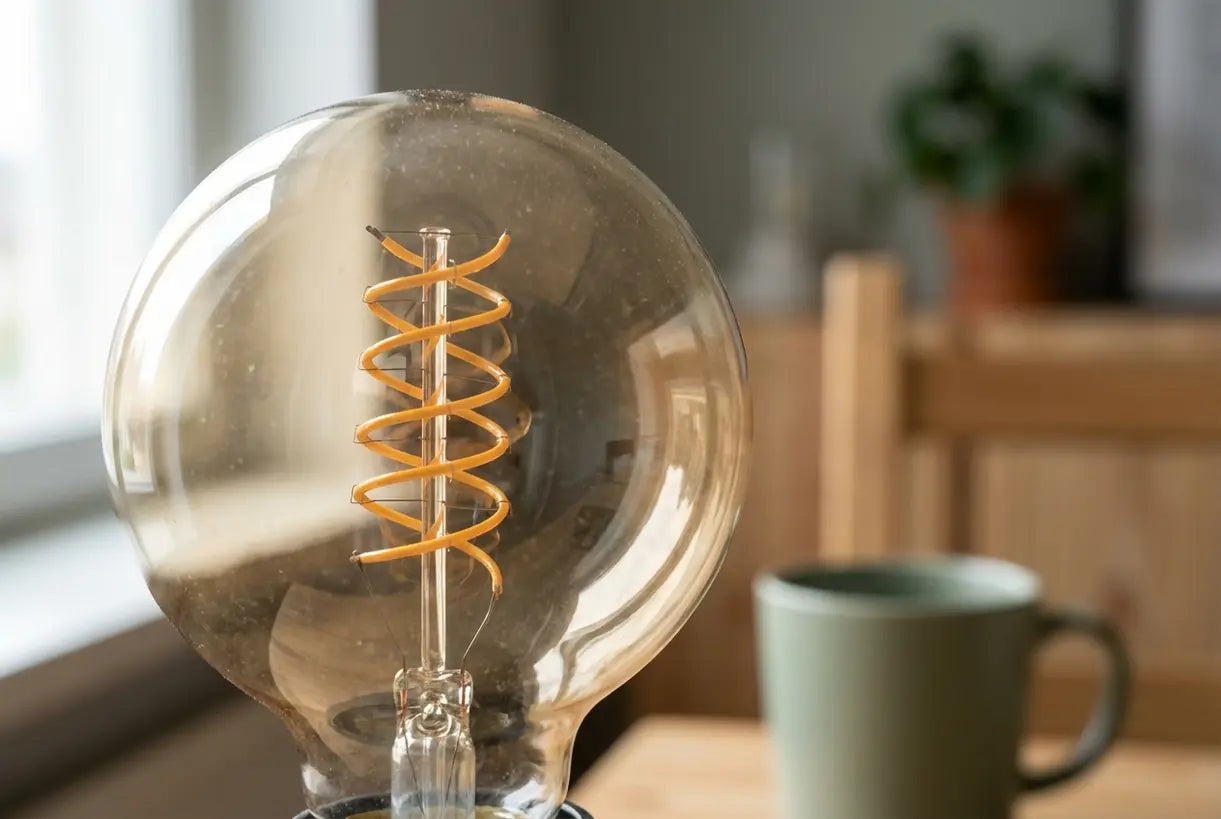 Gedetailleerde close-up van LED-bureaulamp met filamenttextuur en warme gloed