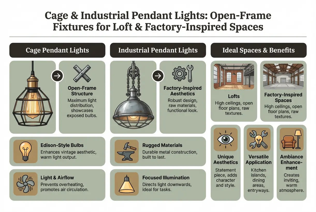 Kooi & Industriële Hanglampen: Open-Frame Armaturen voor Loft & Fabrieks-Geïnspireerde Ruimtes - infographic