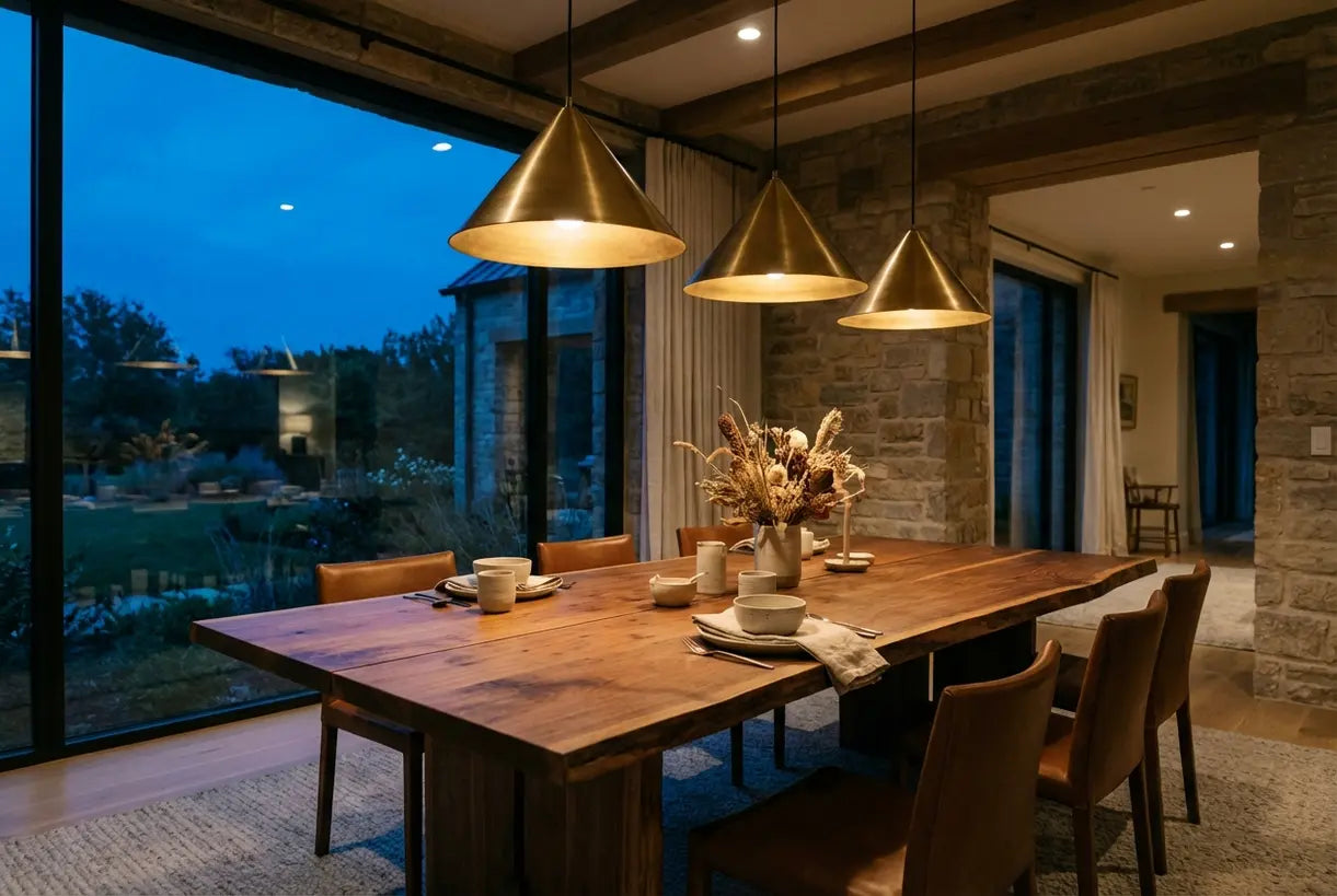 Dining table lit by three brass pendant lights hung at recommended height