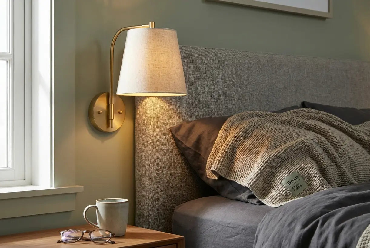 Nahaufnahme einer modernen Schlafzimmer-Wandleuchte neben dem Bett mit sanfter Ambientebeleuchtung