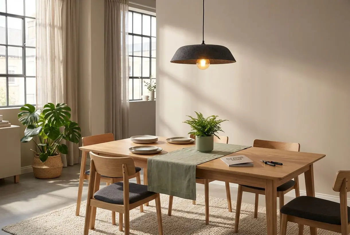 Mooie Scandinavische eetkamer met voltooide doe-het-zelf plafondhanglampinstallatie