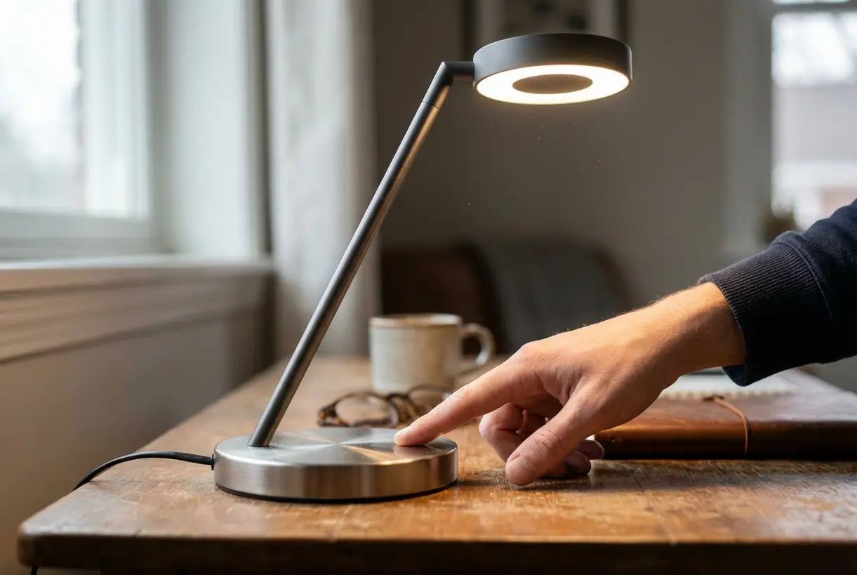 Handen die de dimbare bedieningselementen van een moderne bureaulamp voor op kantoor afstellen