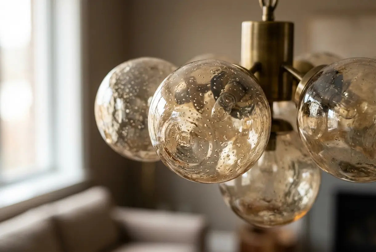 Mondgeblazen glazen bollen van een bubble-kroonluchter met organische luchtbellen in warm licht