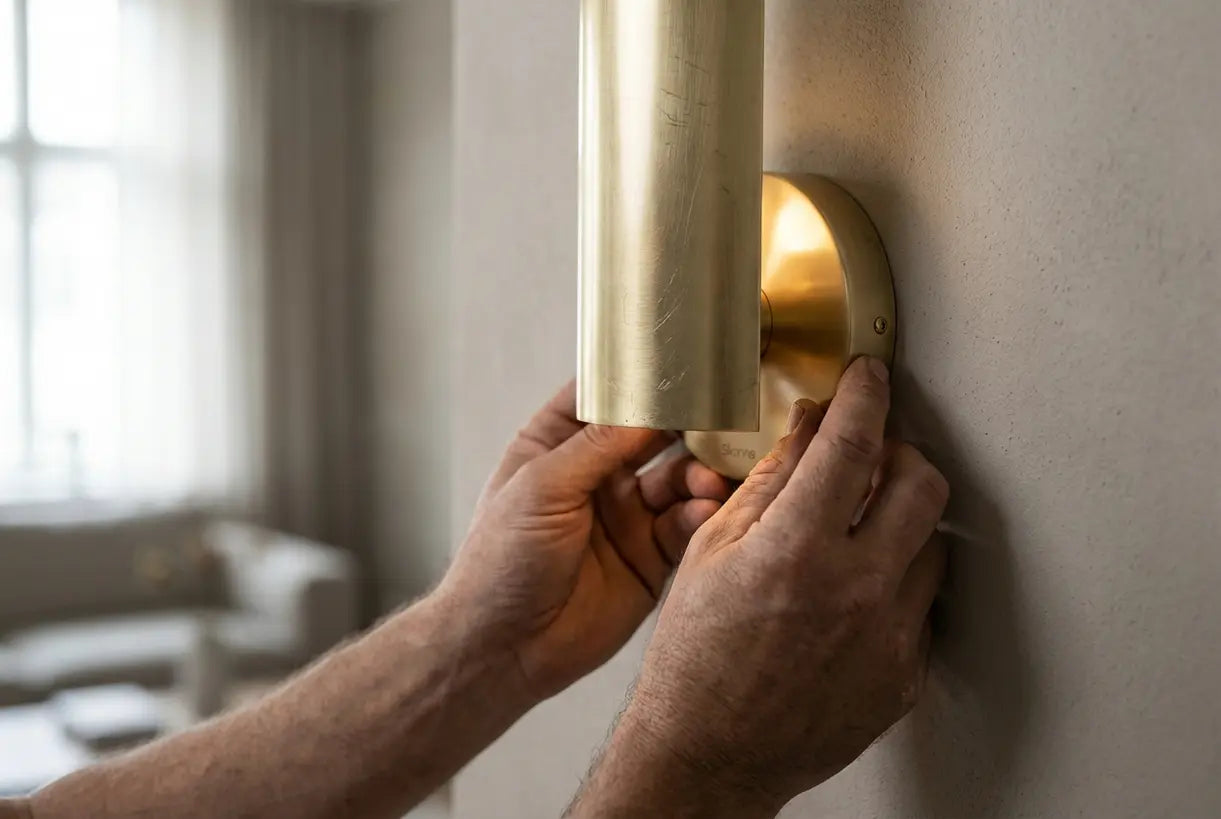 Modern brass wall sconce with minimalist design being adjusted on wall