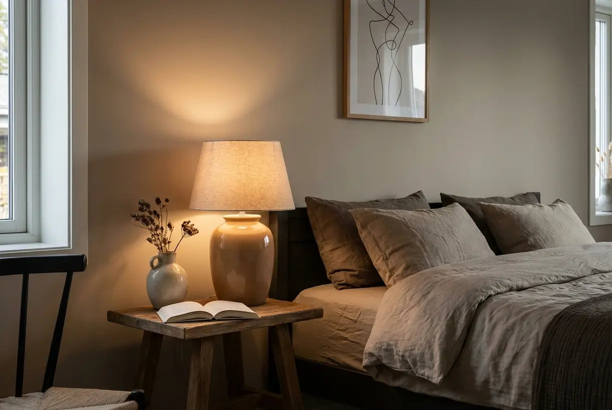 Scandinavische slaapkamer met correct geplaatst bedlampje dat de ideale hoogte en plaatsing toont