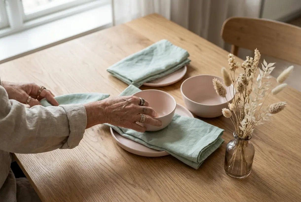 Designer hands arranging pastel ceramics and textiles on oak surface, interior design pastel colors styling