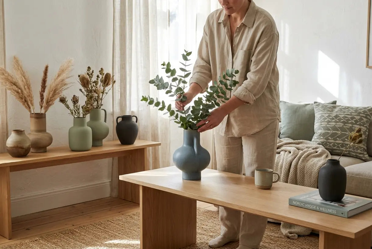 Skandinavisches Interieur mit Keramik-Blumenvase und frischen Eukalyptusstielen