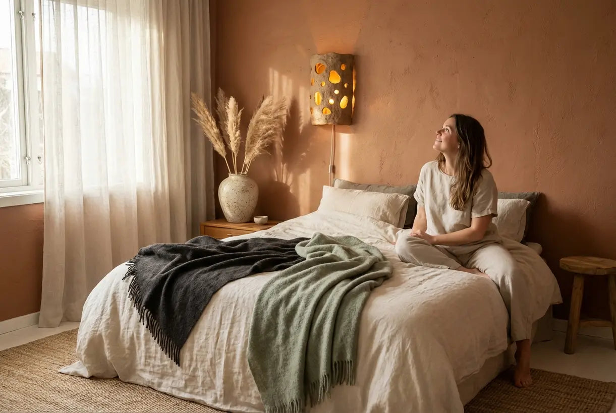 Scandinavisch slaapkamerinterieur met handgemaakte keramische wandlamp en terracotta tinten