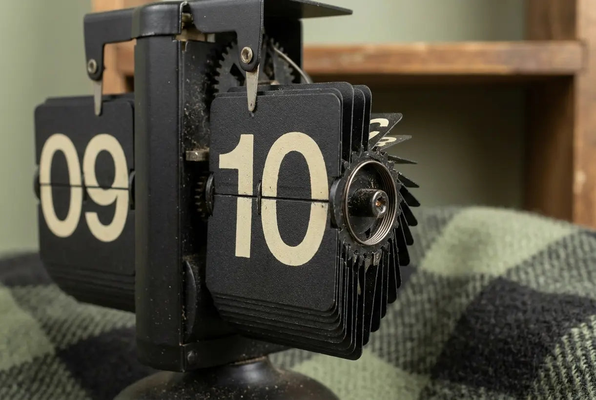 Nahaufnahme eines Vintage-Flip-Clock-Wandmechanismus mit bewegten Split-Flap-Zahlenkarten