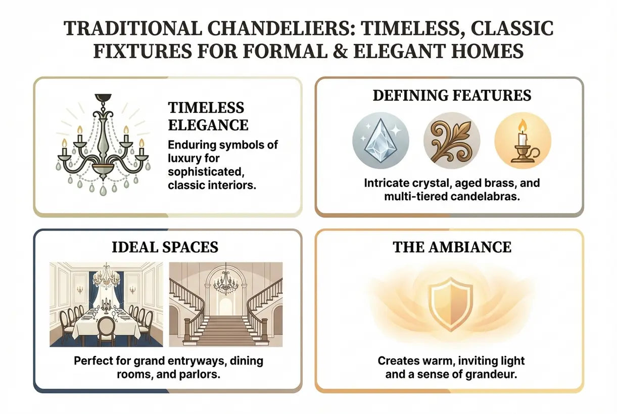 Traditionele kroonluchters: tijdloze, klassieke armaturen voor formele & elegante huizen - infographic