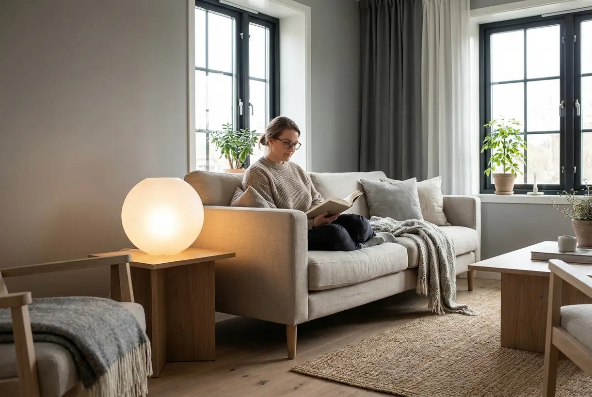 Moderne woonkamer met bolvormige tafellamp die warme sfeerverlichting creëert
