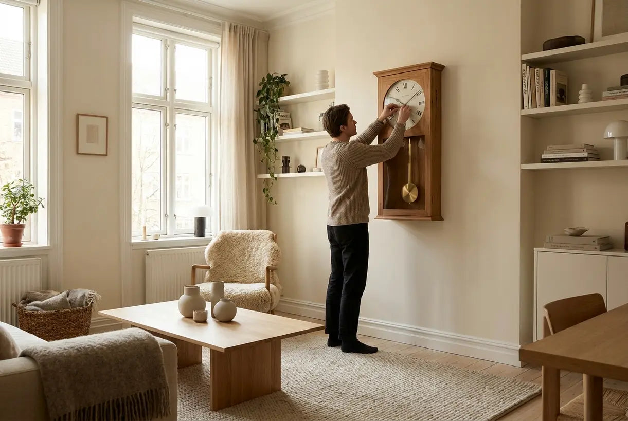 Modernes Wohnzimmer mit Pendel-Wanduhr im skandinavischen Stil
