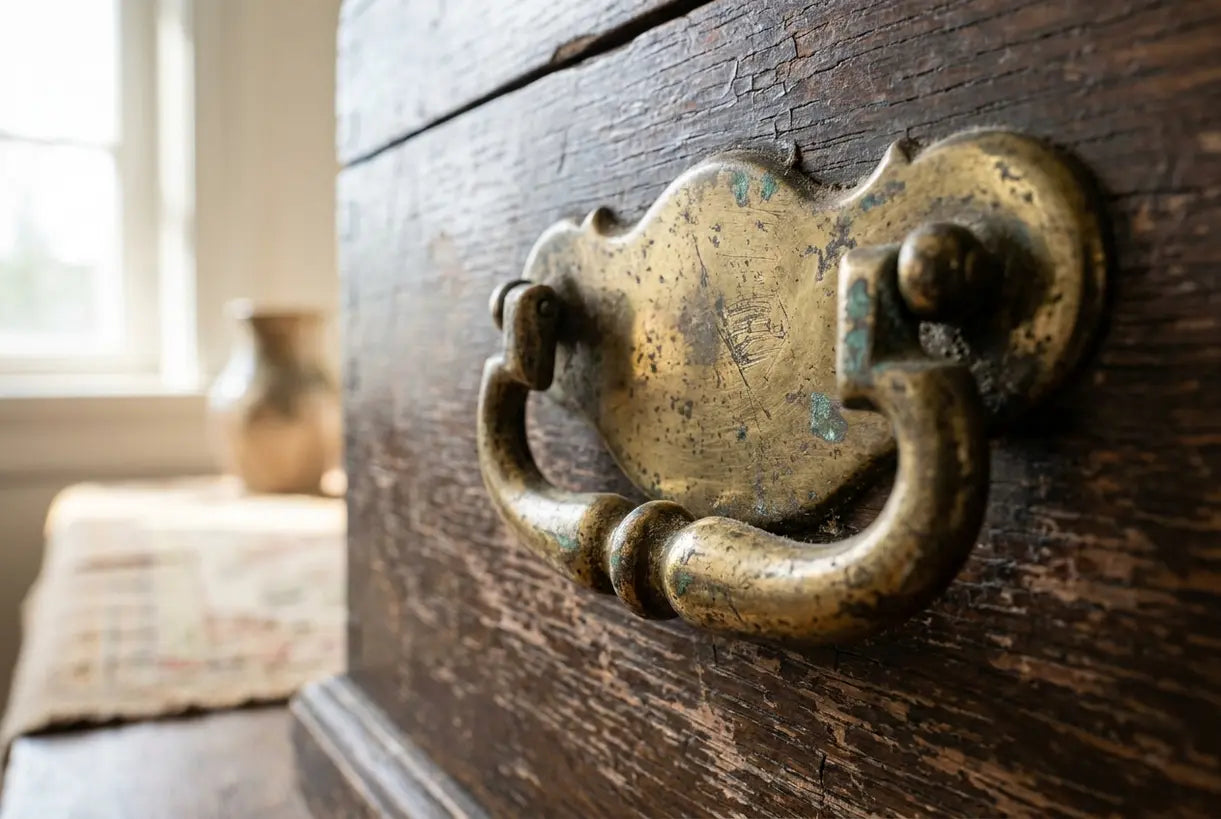 Close-up of vintage brass hardware texture and patina in antique home decor