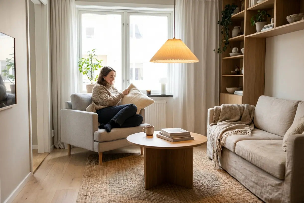 Jonge persoon in gezellig Scandinavisch klein appartement met hanglampen