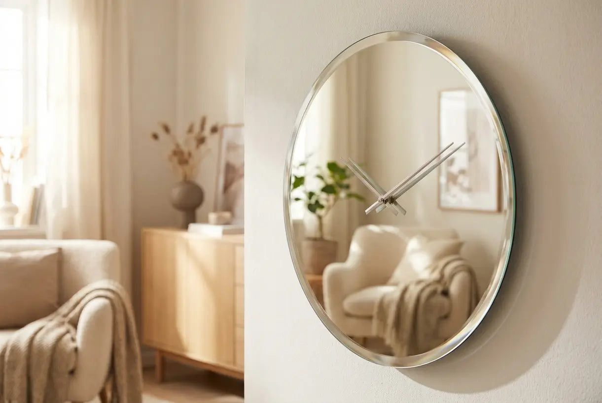 Close-up of a mirrored wall clock showing beveled edge details and light reflections in a Scandinavian interior