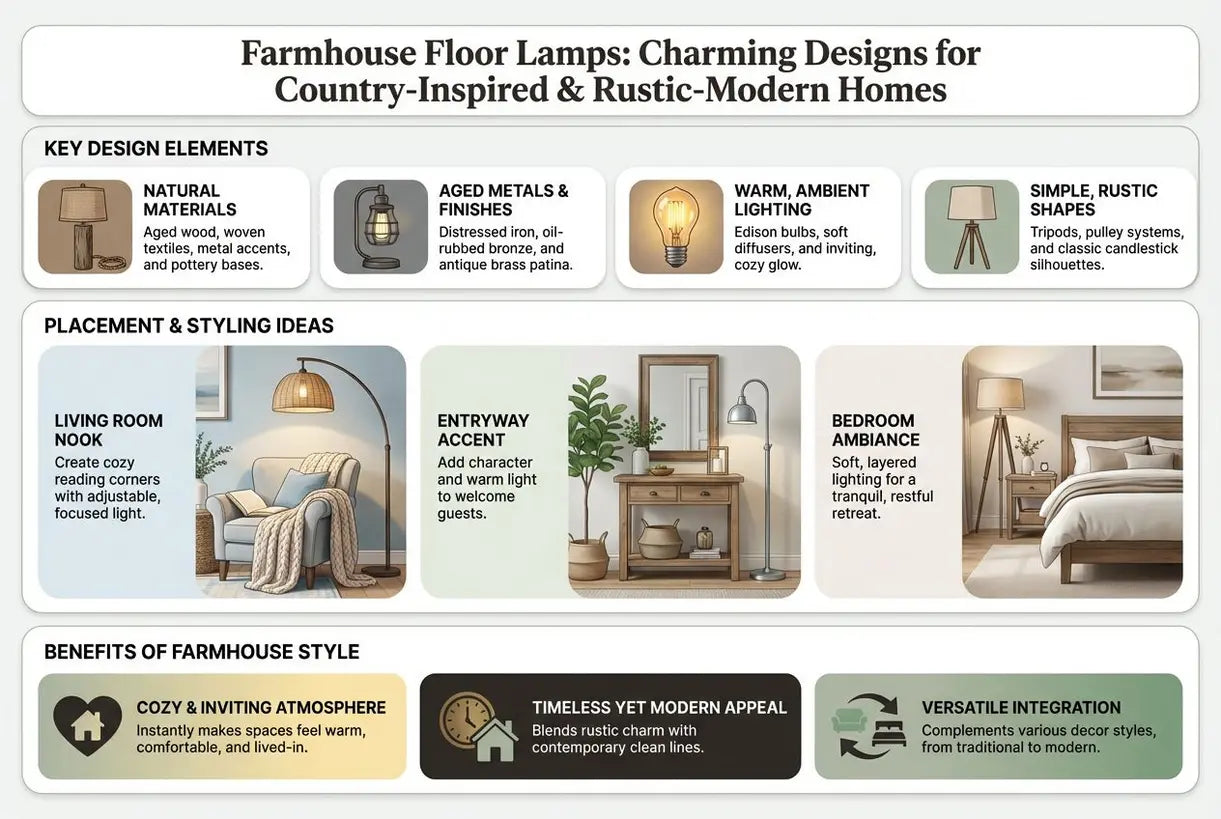 Farmhouse Vloerlampen: Charmante ontwerpen voor landelijk geïnspireerde en rustiek-moderne huizen - infographic