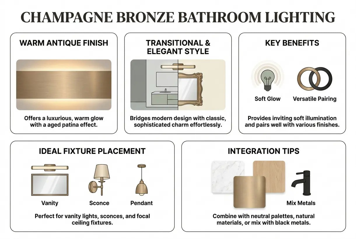 Champagne Bronze Bathroom Lighting: Warm Antique Finish for Transitional & Elegant Baths - infographic