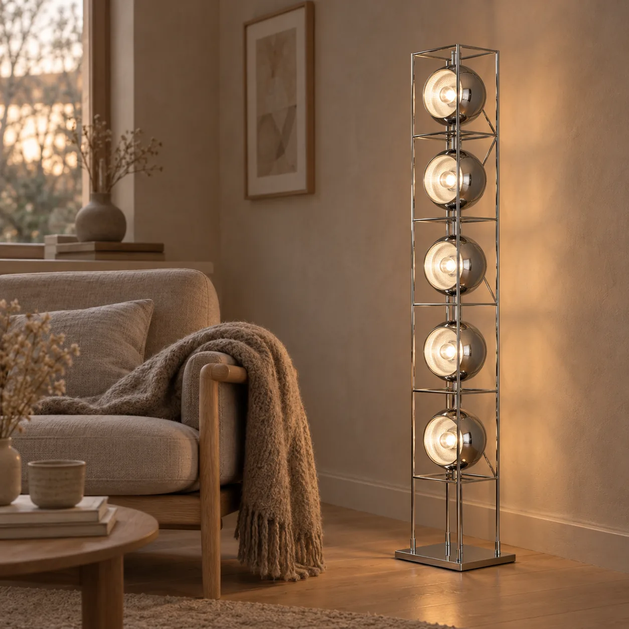 Grindlys Bauhaus vloerlamp in gepolijst metaal