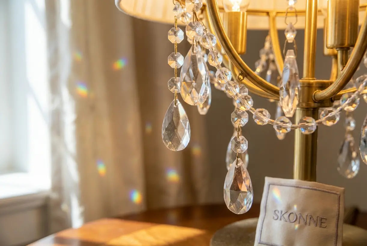 Close-up van sprankelende kristallen prisma's op een elegante vloerlamp