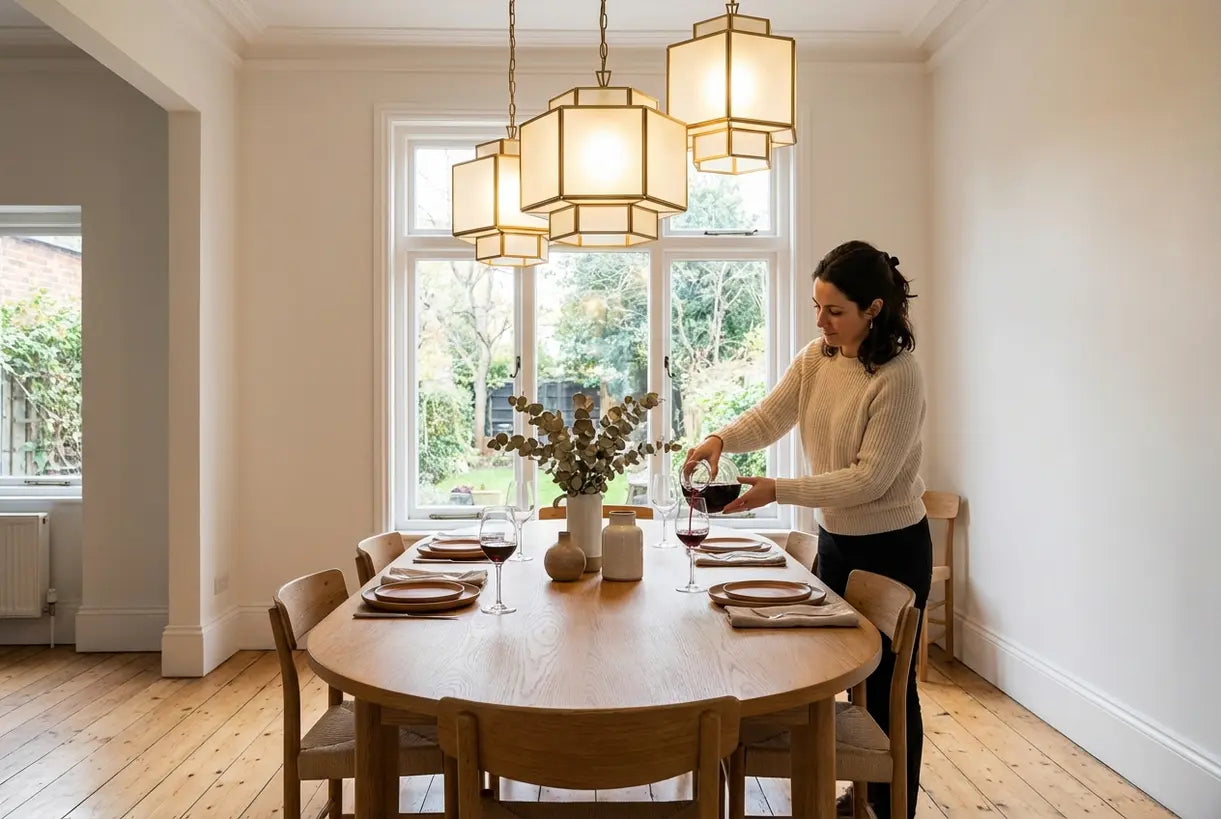 Eetkamer met art deco hanglampen die een warme sfeer creëren