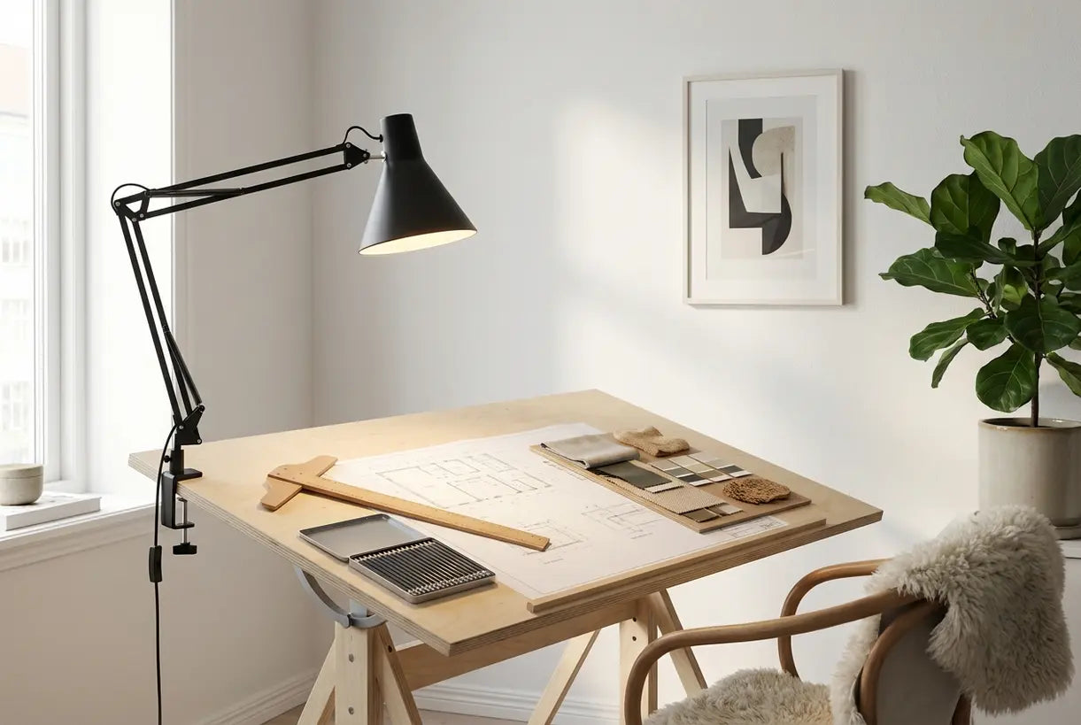 Scandinavische werkplek met architecten bureaulamp die tekentafel en creatieve hulpmiddelen verlicht