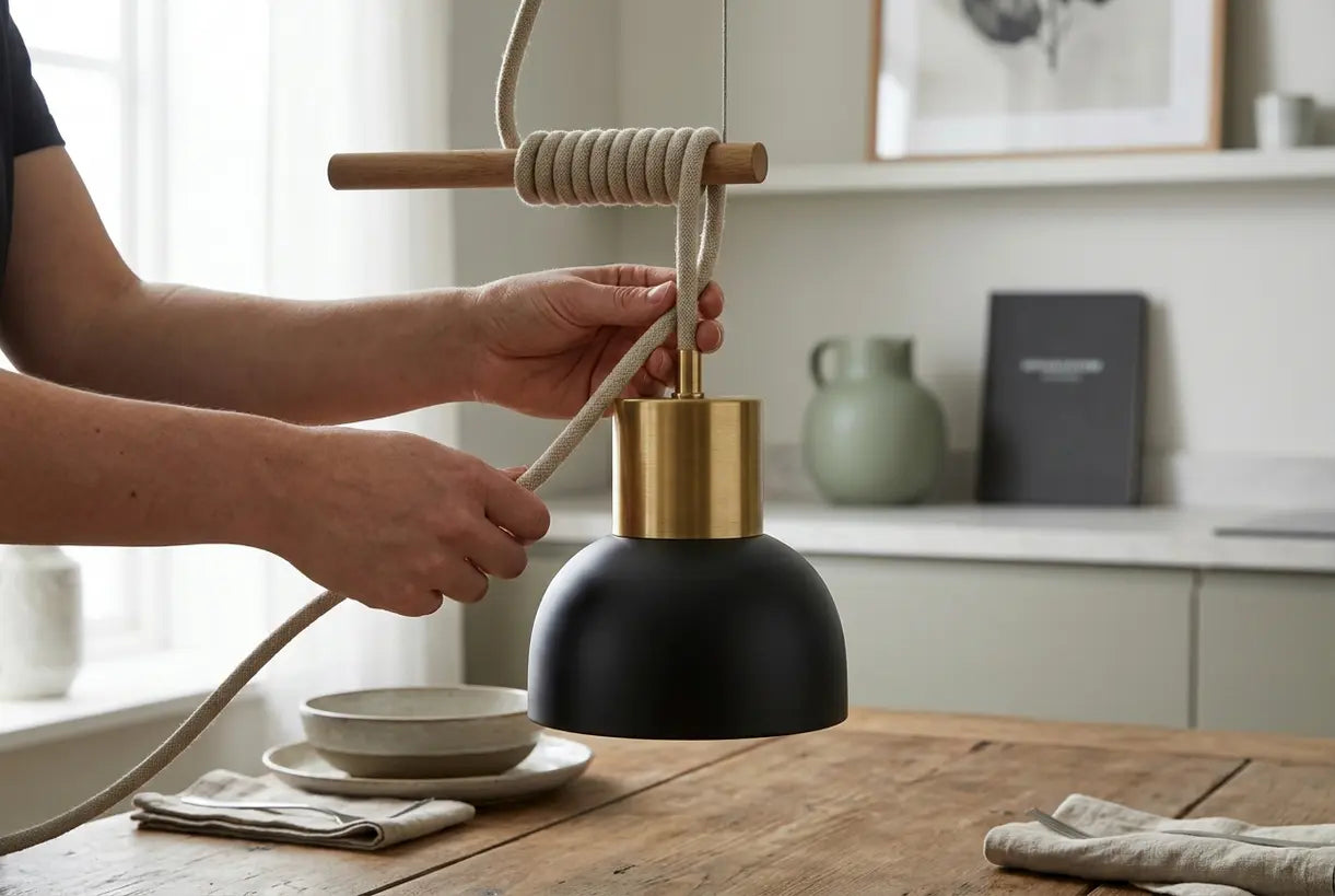Hands adjusting Scandinavian pendant light cord above kitchen table