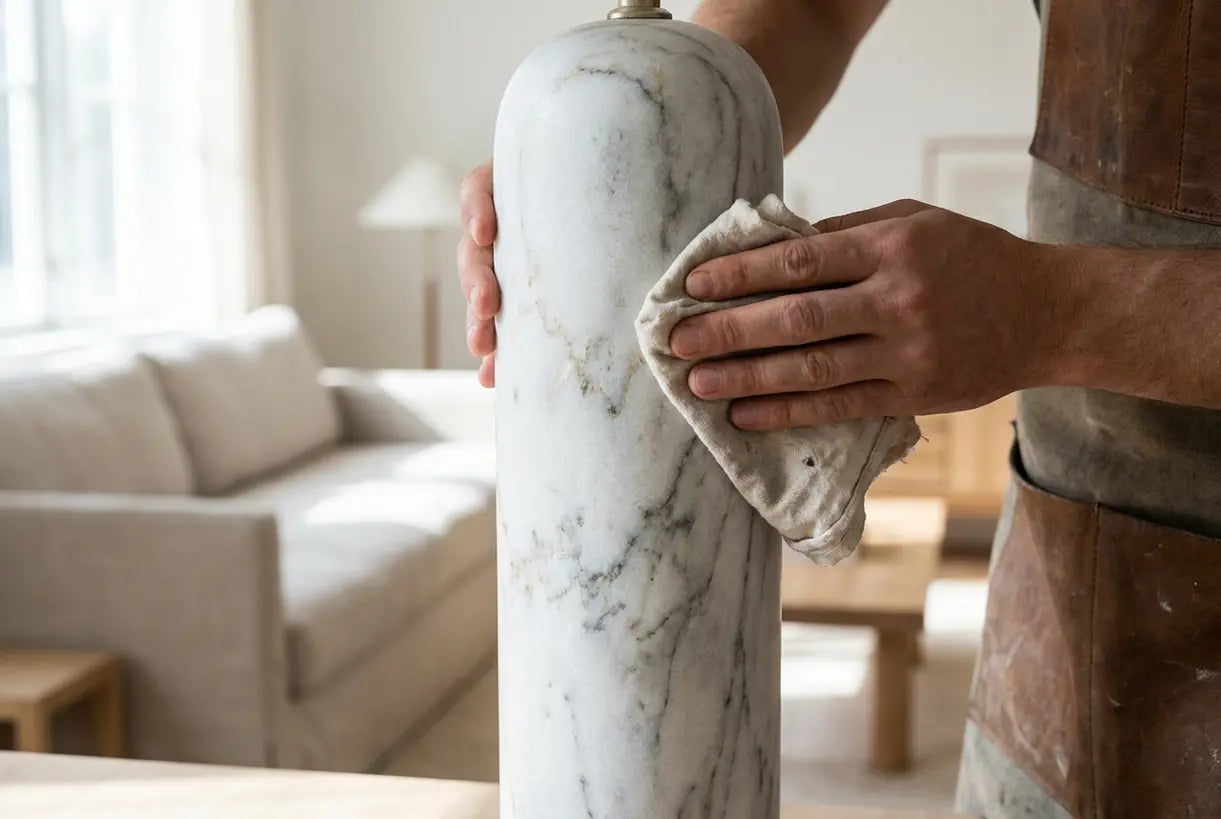 Handen houden witte marmeren lampvoet vast die natuurlijke adering van steenstructuur toont