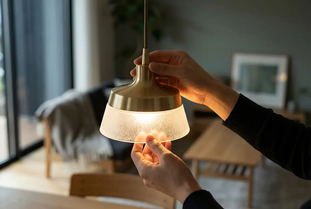 Handen die een decoratieve plafondlamp met messing en glazen kap aanpassen