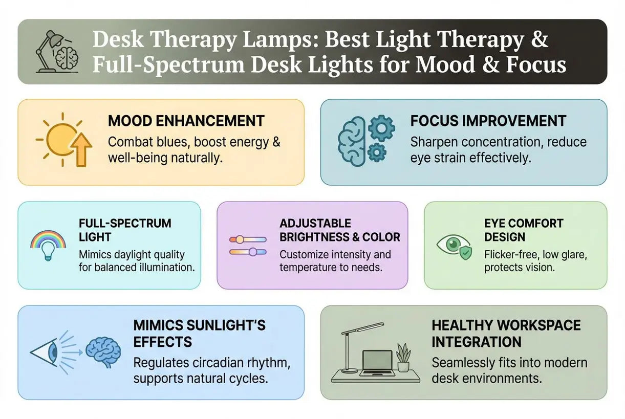 Bureaulampen voor therapie: Beste lichttherapie & Full-spectrum bureaulampen voor stemming & focus - infographic