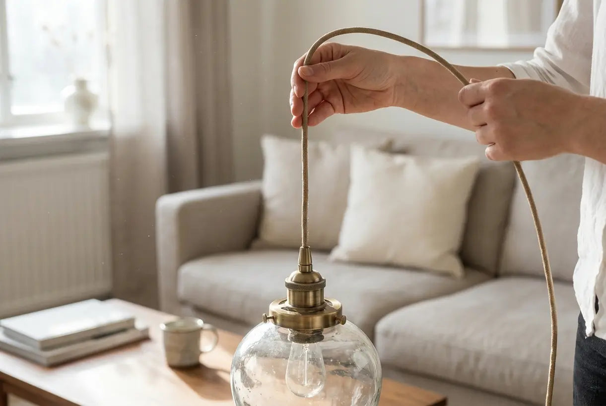Handen die het snoer van een hanglamp in de woonkamer verstellen