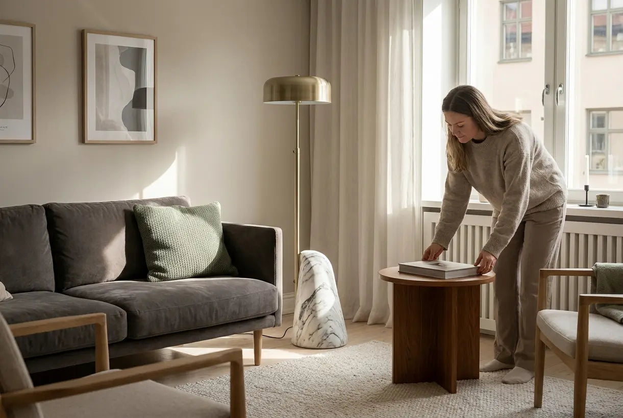 Scandinavische woonkamer met sculpturale marmeren vloerlamp naast een grijze bank in natuurlijk middaglicht