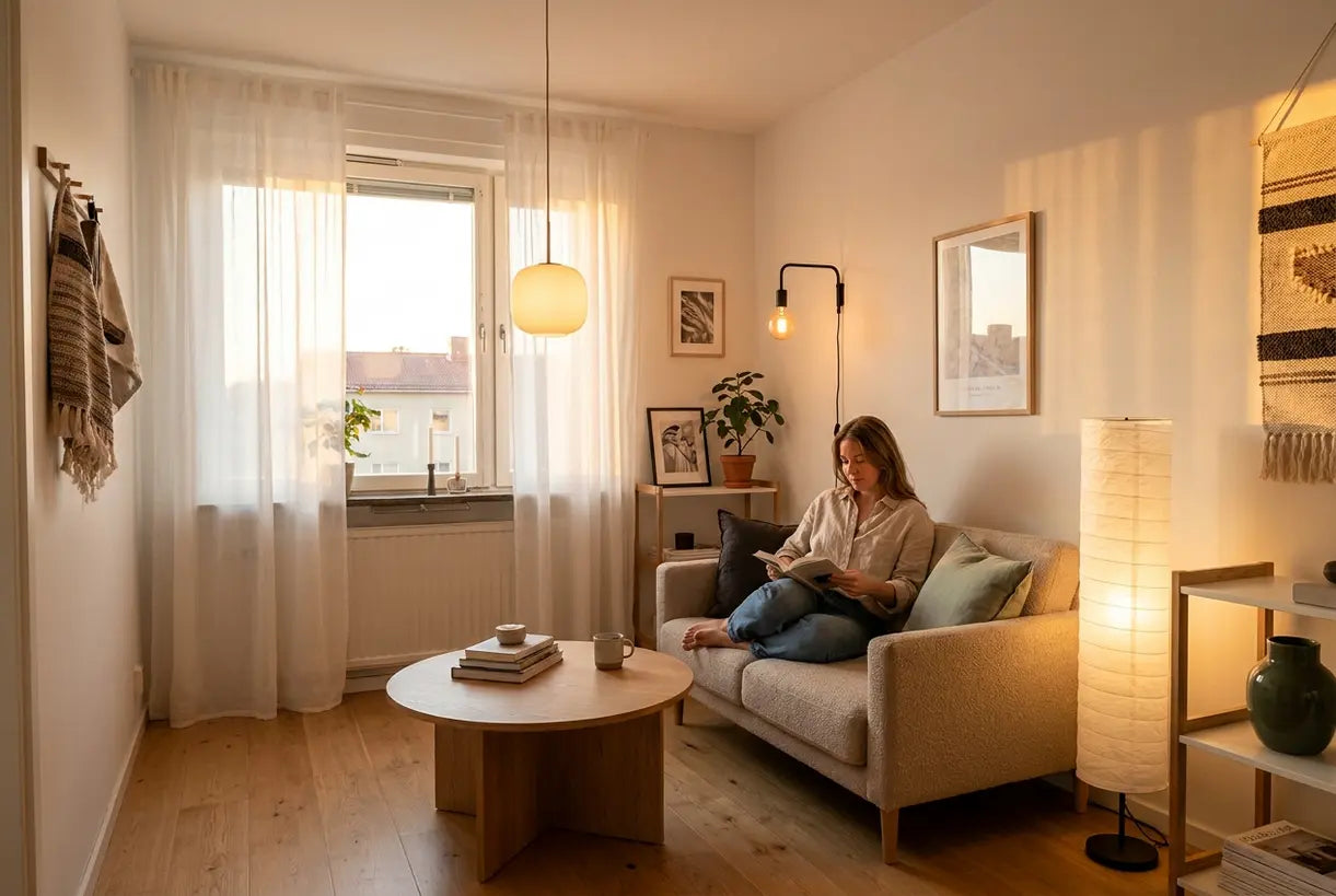 Small Scandinavian living room with layered lighting including pendant light wall sconce and floor lamp