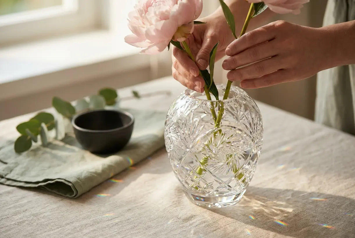 Hände, die Blumen in eine Kristallglasvase mit natürlicher Lichtbrechung legen