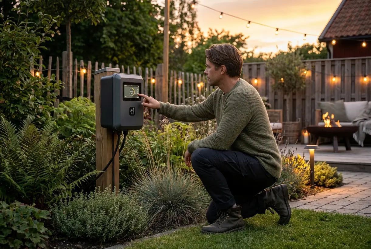 Huiseigenaar stelt buitenverlichting timerbediening in in de tuin bij schemering met warme sfeerverlichting