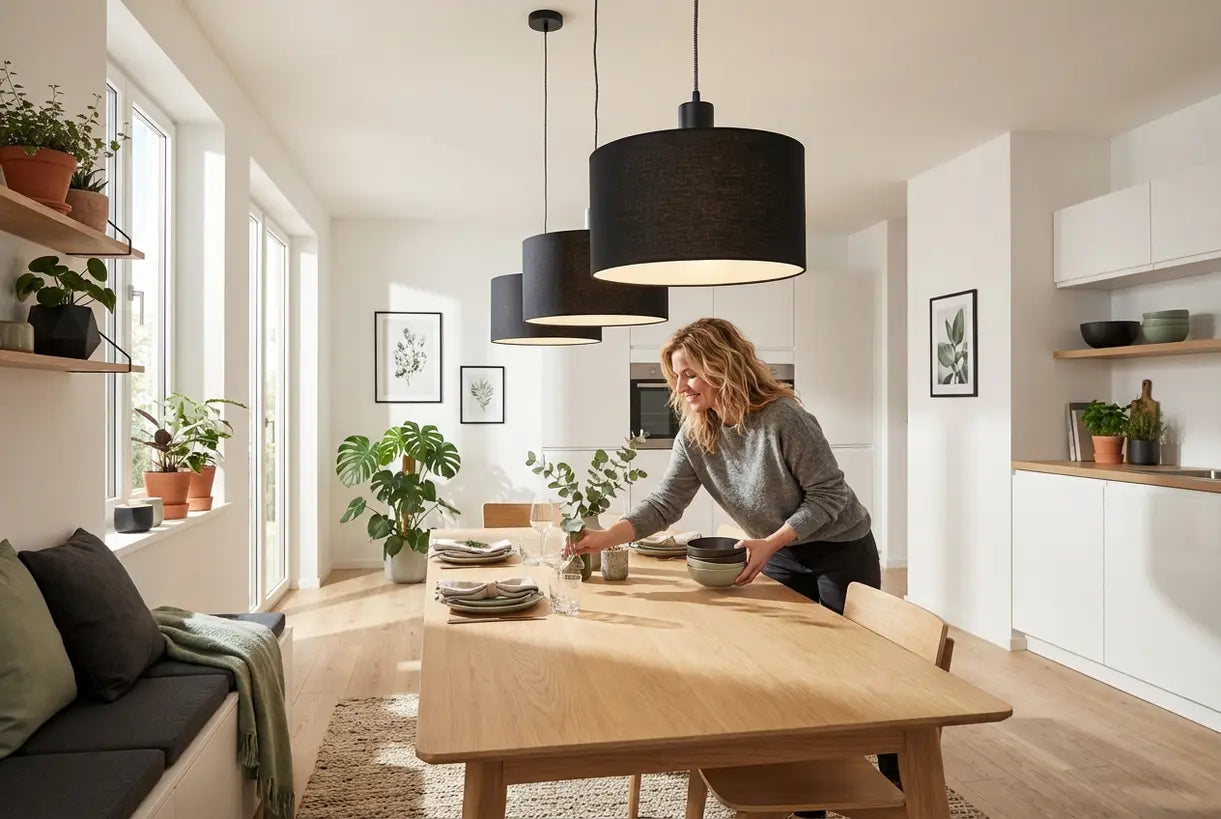 Moderne eetkamer met drie drum hanglampen die zachte diffuse verlichting boven een houten tafel bieden