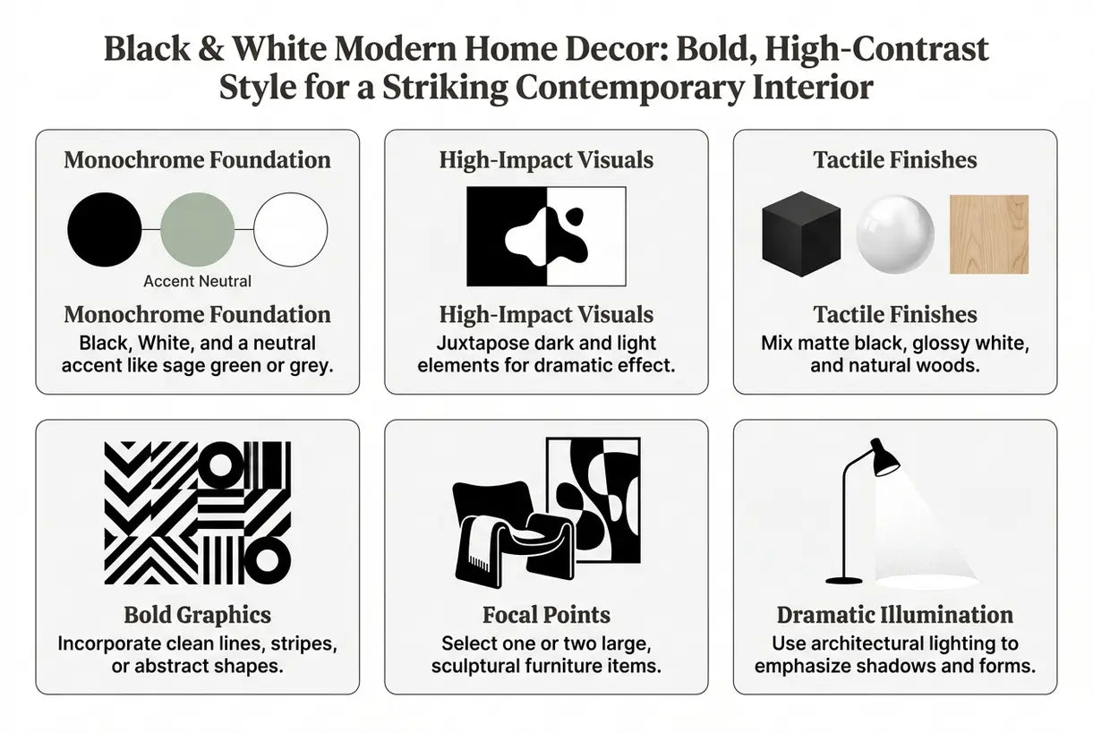 Black & White Modern Home Decor: Bold, High-Contrast Style for a Striking Contemporary Interior - infographic