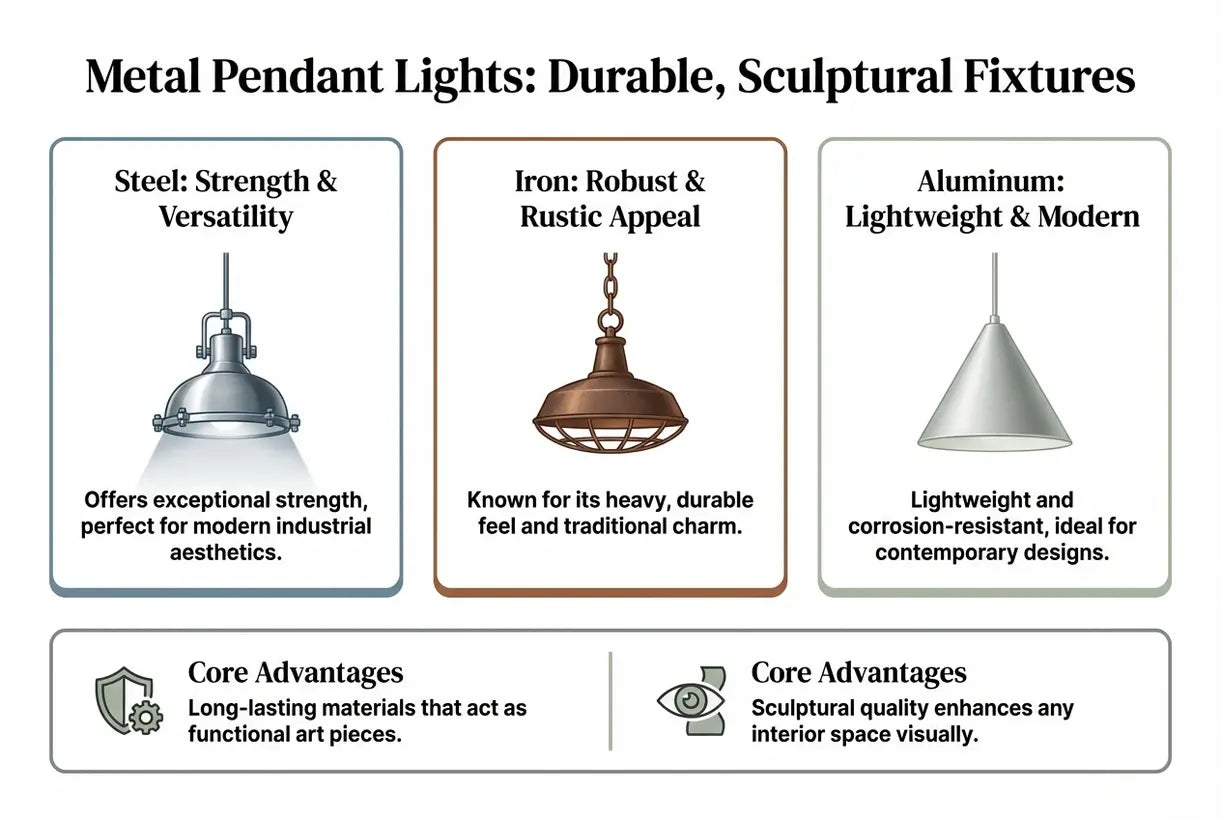 Metalen hanglampen: duurzame, sculpturale armaturen van staal, ijzer en aluminium - infographic