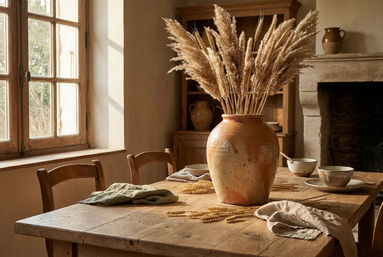 Rustieke keramische vaas met gedroogd pampasgras op een landelijke houten eettafel in zacht natuurlijk licht