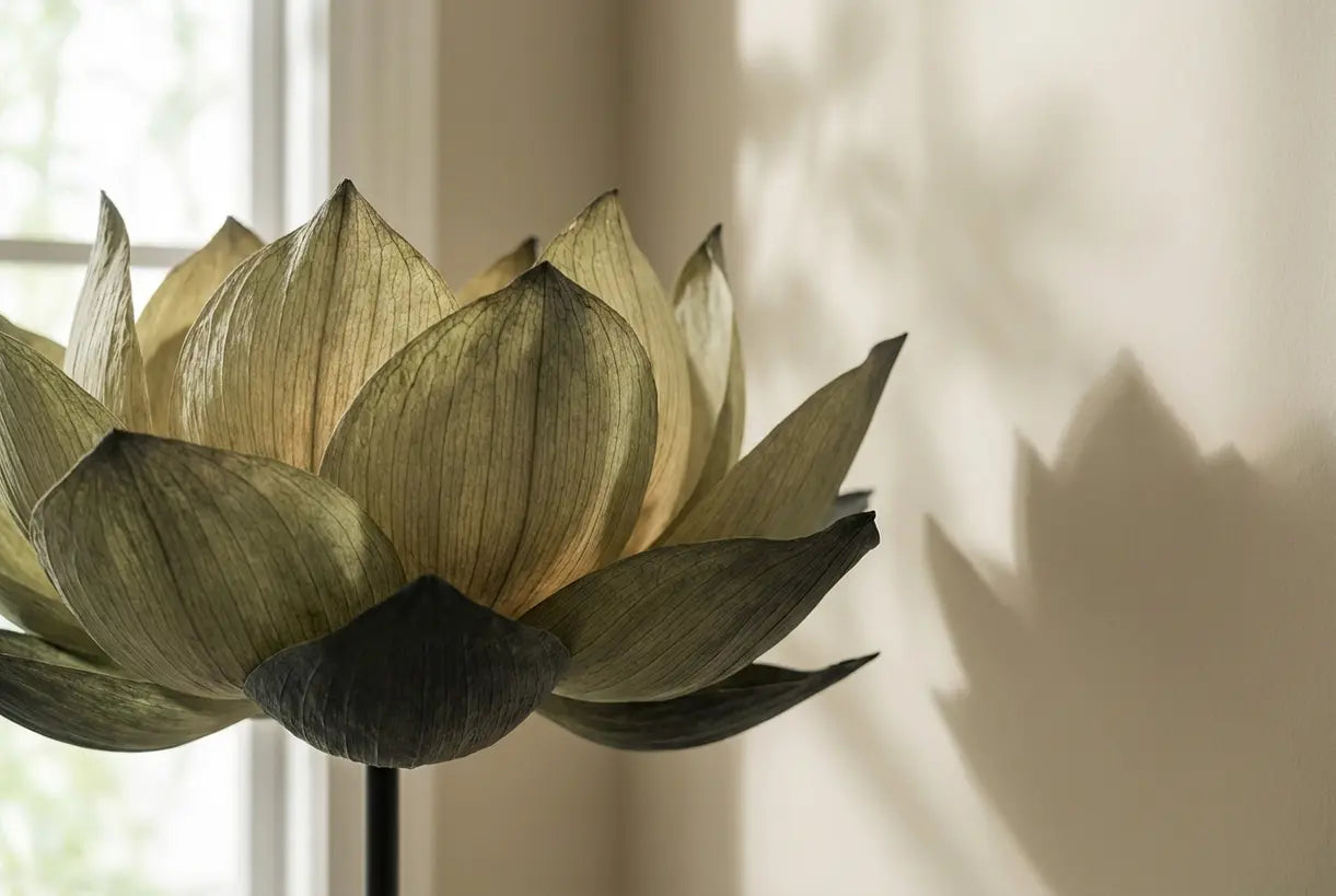 Close-up detail van een botanische vloerlampenkap met organische bloembladtexturen en natuurlijke materialen