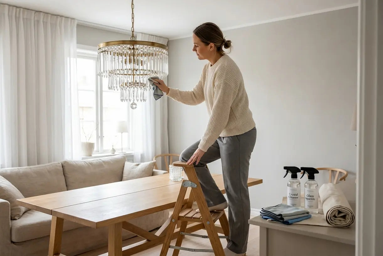 Woman safely cleaning glass chandelier in Scandinavian dining room with chandelier cleaner supplies