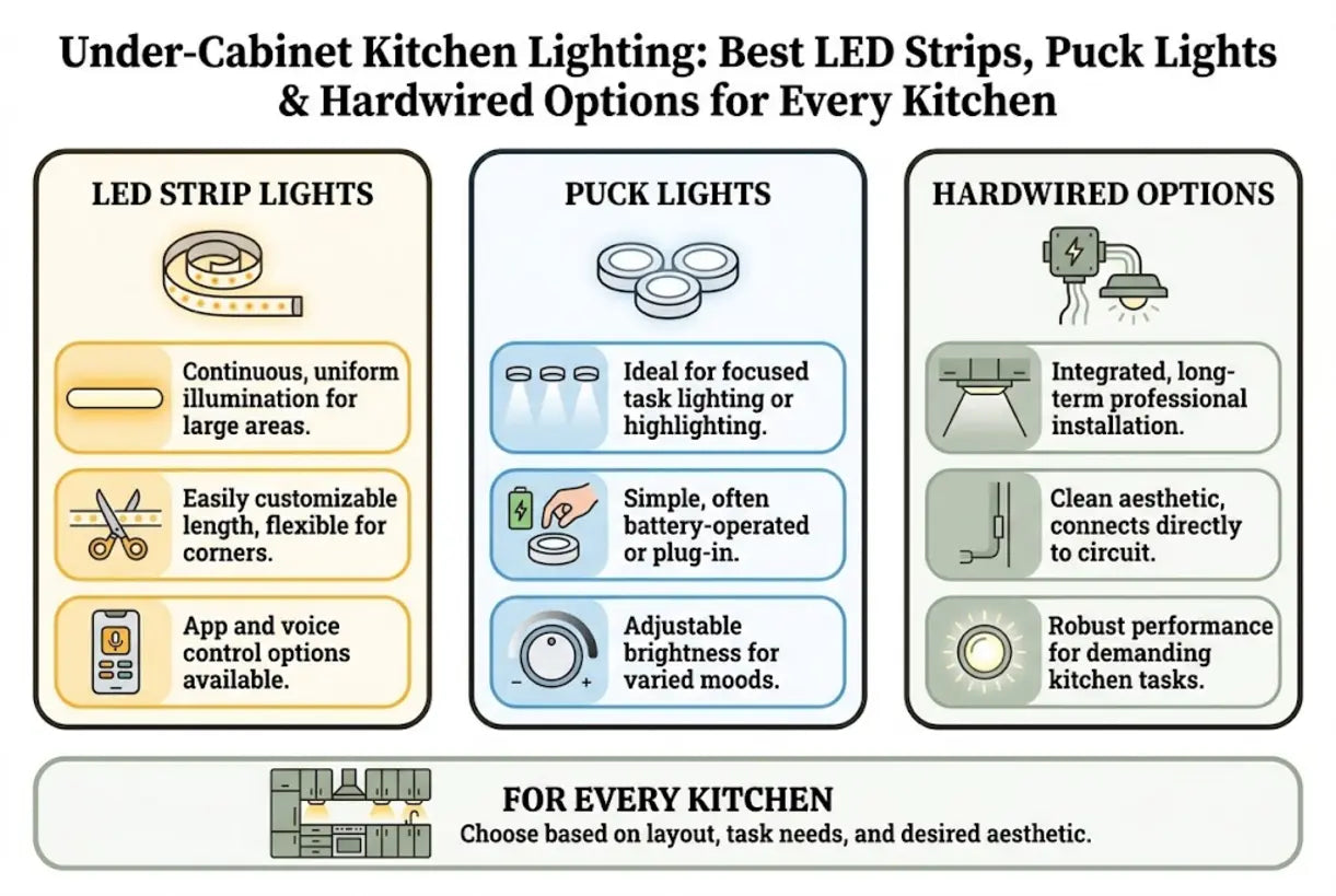 Under-Cabinet Kitchen Lighting: Best LED Strips, Puck Lights & Hardwired Options for Every Kitchen - infographic