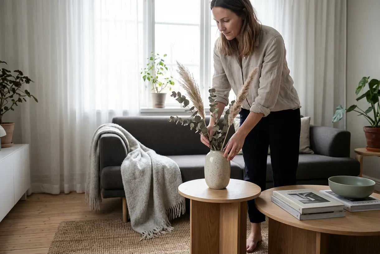 Person styling Scandinavian home decor in bright Nordic living room